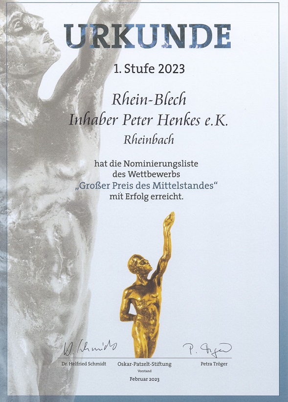 Urkunde 1. Stufe 2023 Nominierung zum Großen Preis des Mittelstandes 2023